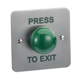 SPB004F Flush mount green dome button screen printed "PRESS TO EXIT"